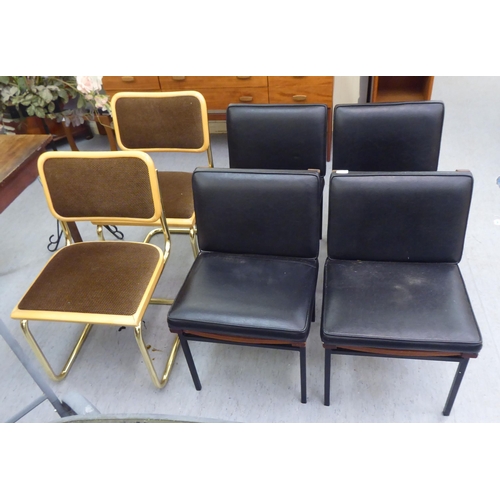 348 - Four 1970s black vinyl covered teak framed office reception chairs, raised on square legs; and two d... 