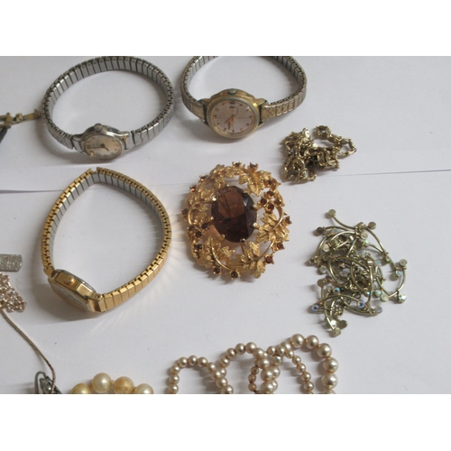 35 - Costume jewellery and ladies wristwatches: to include gold plated necklaces, simulated pearls and po... 