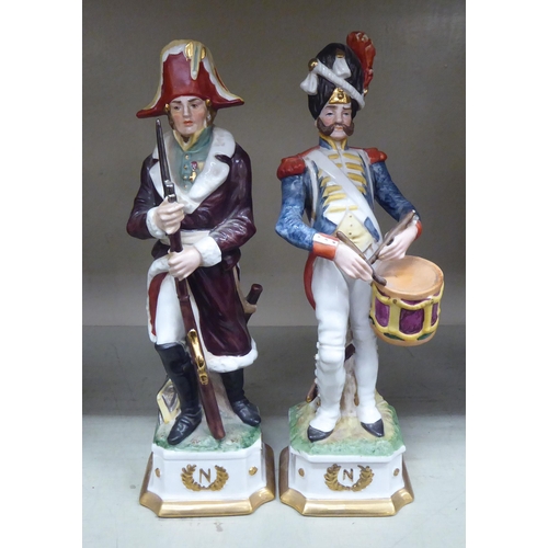 355 - Five 20thC Continental porcelain models, depicting 18th/19thC military figures, one mounted  9