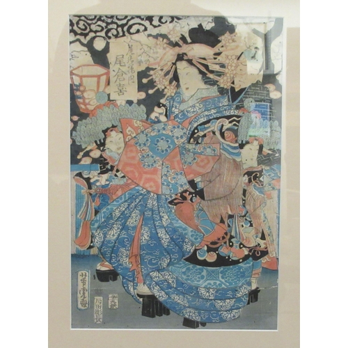 356 - A 19thC Japanese group of female figures, wearing traditional costume  watercolour  13.5