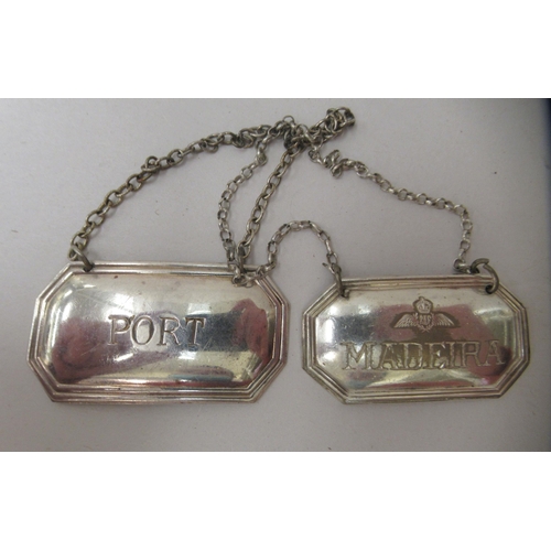 389 - Two RAF themed silver plated decanter labels 'Port' and 'Madeira'