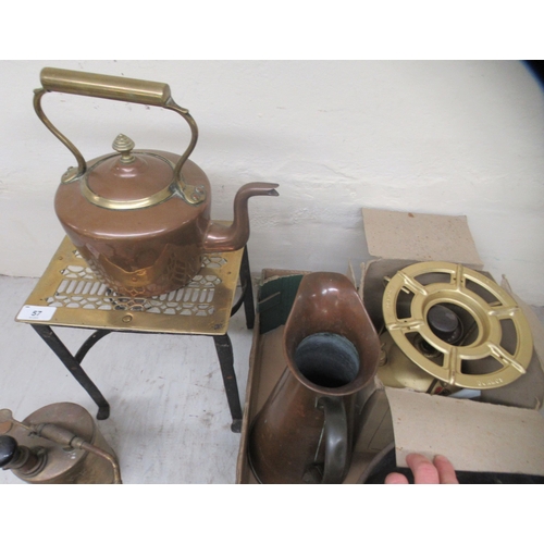 57 - 19thC and later hearth related and other metalware: to include a brass and wrought iron trivet  11.5... 