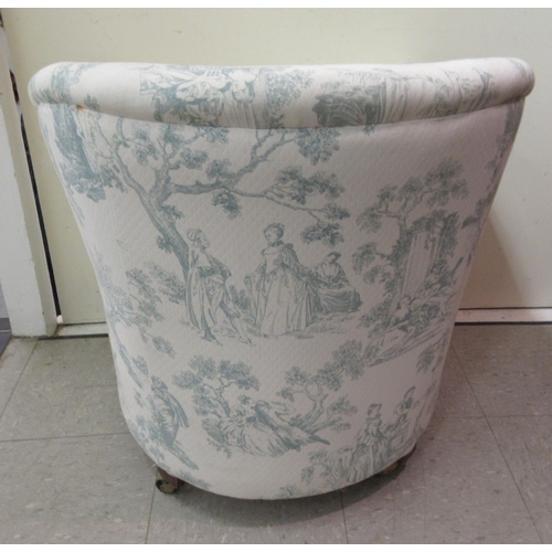 8 - A mid 20thC tub design bedroom chair, upholstered in printed green and cream coloured fabric with a ... 