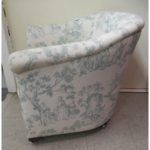 8 - A mid 20thC tub design bedroom chair, upholstered in printed green and cream coloured fabric with a ... 