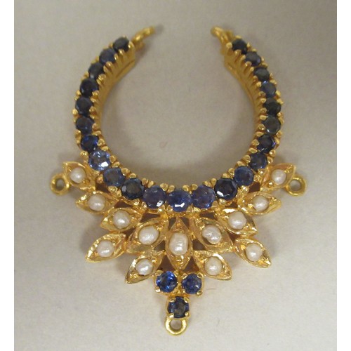 315 - A bespoke yellow metal (probably 22ct gold) suite of jewellery, set with sapphires and seed pearls, ... 