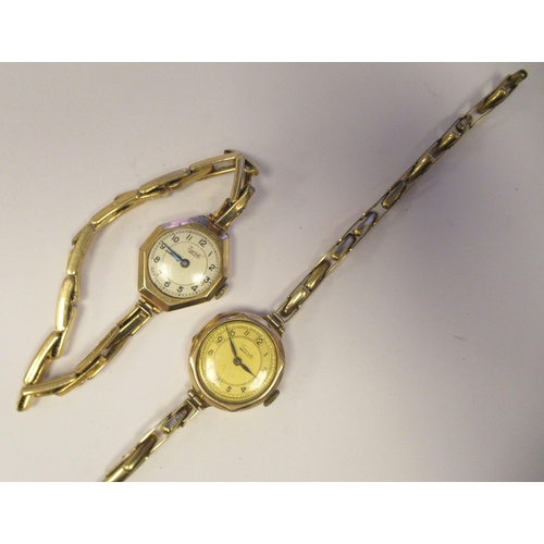 17 - Two ladies early 20thC 9ct gold cased wristwatches, faced by Arabic dials, on expandable straps