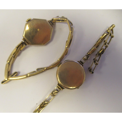 17 - Two ladies early 20thC 9ct gold cased wristwatches, faced by Arabic dials, on expandable straps