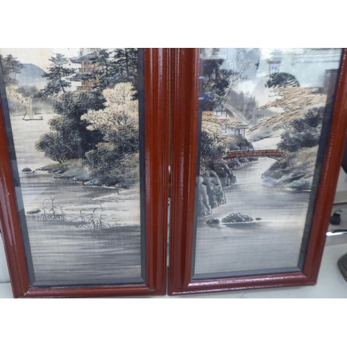 25 - A pair of late 19thC Japanese mountainous river scenes with buildings  paintings on silk  20.5