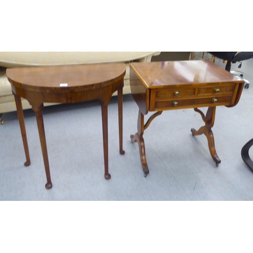 283 - Small furniture: to include a 1930s walnut demi-lune card table with a foldover top, raised on turne... 