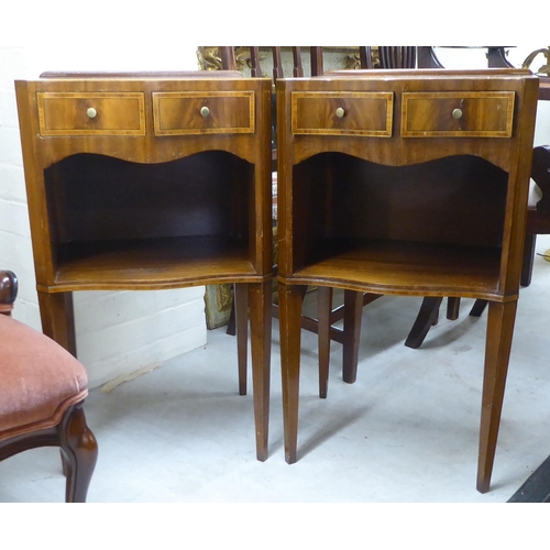 286 - A pair of modern mahogany and string inlaid serpentine front bedside cabinets, each having two short... 