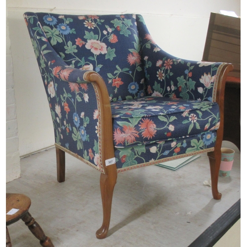 307 - Small furniture: to include a modern mahogany framed armchair, upholstered in patterned blue floral ... 