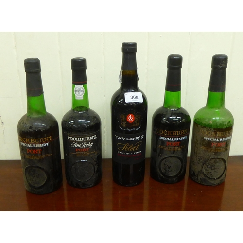 308 - Five bottles of port: to include Taylors Select Reserve 