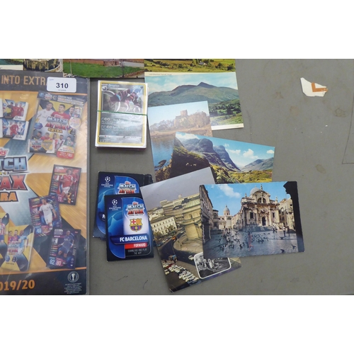 310 - Printed collectables, comprising postcards, football and Pokemon cards