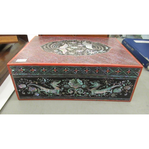 47 - Mah-jong and gaming related items: to include a modern ornate mother-of-pearl and red painted box, d... 