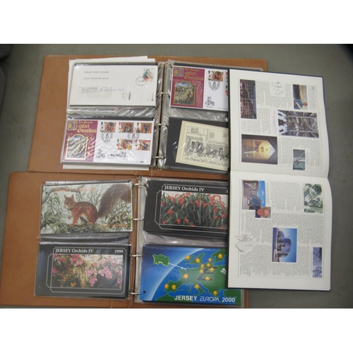 64 - Uncollated Jersey postage stamps, in six albums: to include presentation packs, miniature loose shee... 