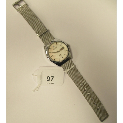 97 - A vintage Citizen automatic stainless steel cased bracelet watch, faced by a white baton dial w... 