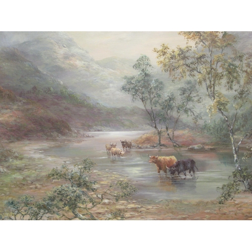 3 - Prudence Turner - a Scottish highland scene with cattle at a watering hole  oil on canvas ... 