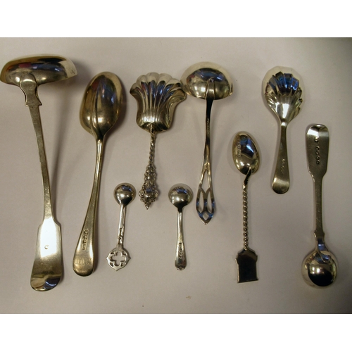 111 - Silver flatware: to include a shovel design caddy spoon; a sauce ladle with a round bowl; and a ratt... 