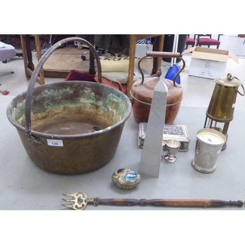 139 - A mixed lot: to include a late Victorian brass preserve pan with a fixed handle  12