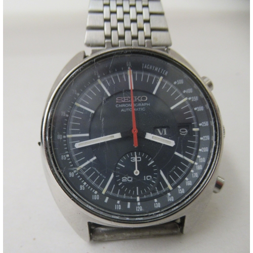 144 - A Seiko Baby Jumbo stainless steel cased and strapped chronograph wristwatch, faced by a baton dial ... 