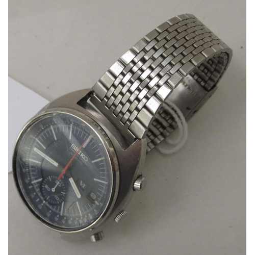 144 - A Seiko Baby Jumbo stainless steel cased and strapped chronograph wristwatch, faced by a baton dial ... 