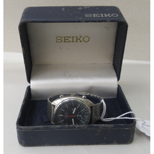 144 - A Seiko Baby Jumbo stainless steel cased and strapped chronograph wristwatch, faced by a baton dial ... 