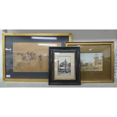 15 - Three framed pictures: to include WRW - a street market scene  watercolour  bears initials... 