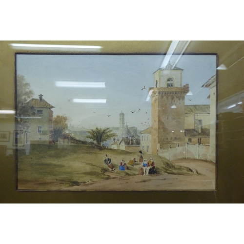 15 - Three framed pictures: to include WRW - a street market scene  watercolour  bears initials... 