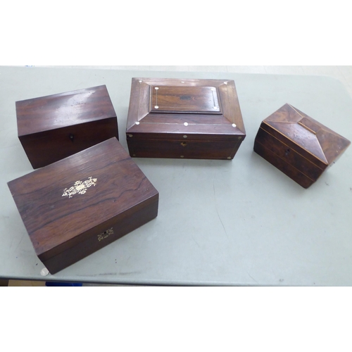 157 - Four 19thC boxes of purpose: to include a Regency satinwood inlaid walnut tea caddy  5