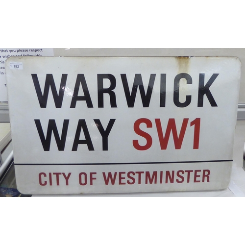 182 - A red and black on white steel enamel road sign 'Warwick Way, SW1, City of Westminster'  17