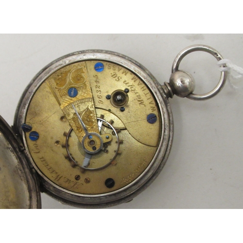 191 - A silver coloured metal pocket watch, faced by a white enamel Roman dial, incorporating a subsidiary... 