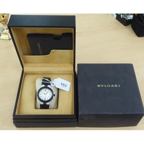 198 - A Bulgari aluminium and black rubber cased strapped wristwatch, faced by an Arabic and baton dial, s... 