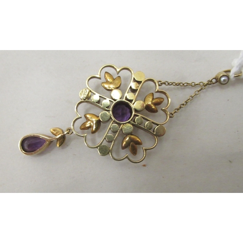 206 - A Victorian 15ct gold seed pearl and amethyst set pendant, on a curb link chain with a ring bolt cla... 