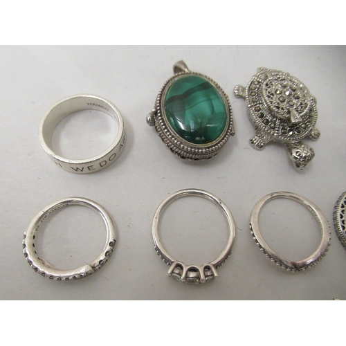 210 - Jewellery: to include silver coloured metal rings; Pandora charms; and two novelty pendant watches&n... 