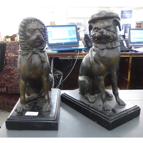 221 - A pair of 20thC patinated bronze models, French bulldogs, on marble plinths  13.5