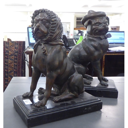 221 - A pair of 20thC patinated bronze models, French bulldogs, on marble plinths  13.5