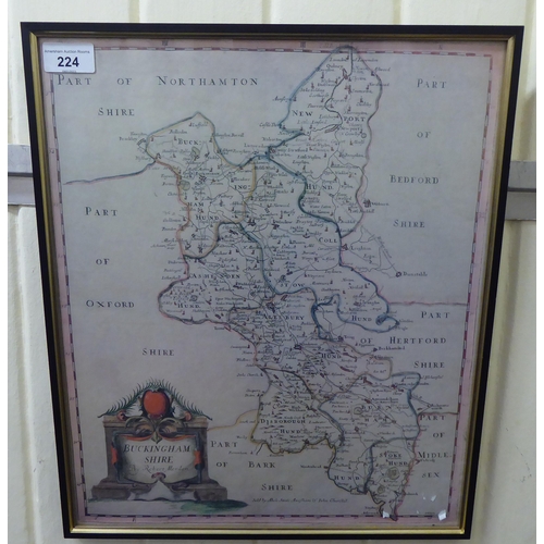 224 - A print of an 18thC style Robert Morden coloured county map 'Buckinghamshire' with a decorative pict... 