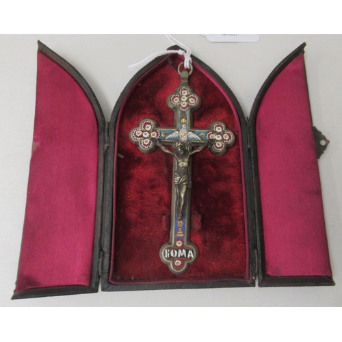 233 - A Continental white metal pendant crucifix, set with multi-coloured micro mosaic ornament  case... 