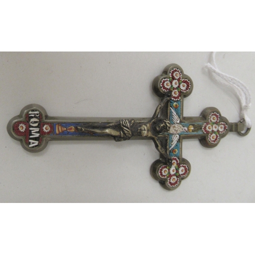 233 - A Continental white metal pendant crucifix, set with multi-coloured micro mosaic ornament  case... 