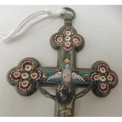 233 - A Continental white metal pendant crucifix, set with multi-coloured micro mosaic ornament  case... 