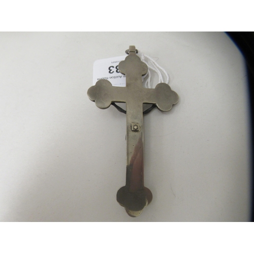 233 - A Continental white metal pendant crucifix, set with multi-coloured micro mosaic ornament  case... 