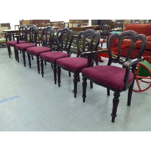 234 - A set of six modern Victorian design mahogany framed dining chairs with a red fabric upholstered sea... 