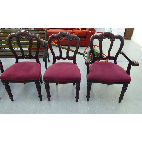 234 - A set of six modern Victorian design mahogany framed dining chairs with a red fabric upholstered sea... 