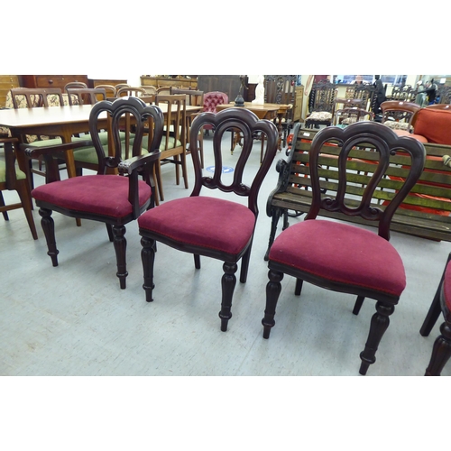 234 - A set of six modern Victorian design mahogany framed dining chairs with a red fabric upholstered sea... 