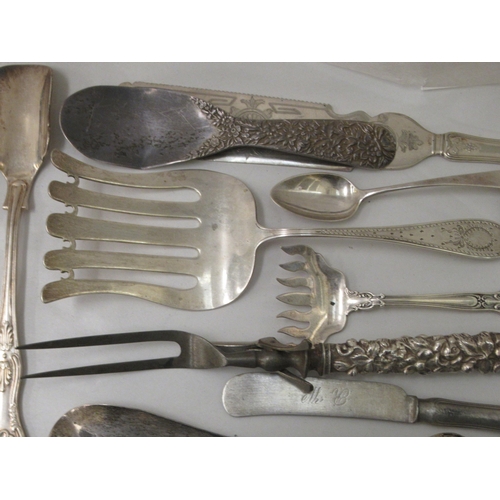 241 - Silver, white metal and plated cutlery and flatware: to include a Sterling silver slice; teaspoons a... 