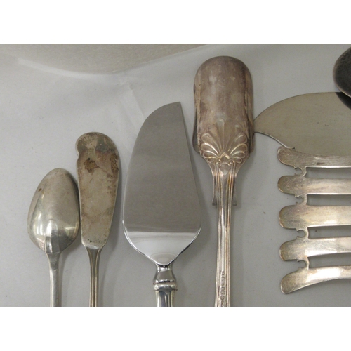 241 - Silver, white metal and plated cutlery and flatware: to include a Sterling silver slice; teaspoons a... 