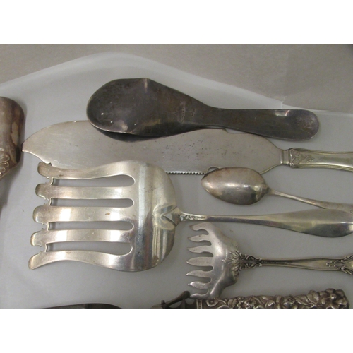 241 - Silver, white metal and plated cutlery and flatware: to include a Sterling silver slice; teaspoons a... 