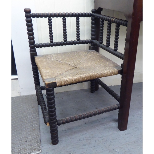 24 - Small furniture: to include a late Victorian stained beech bobbin turned corner chair with rush seat