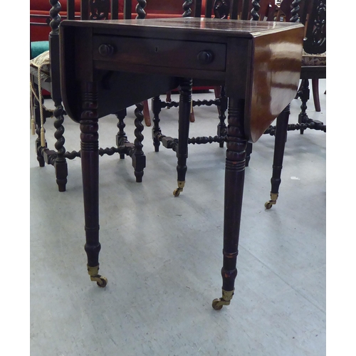 245 - A 19thC mahogany Pembroke table with round corners, an end drawer with facsimiles on the reverse, ra... 