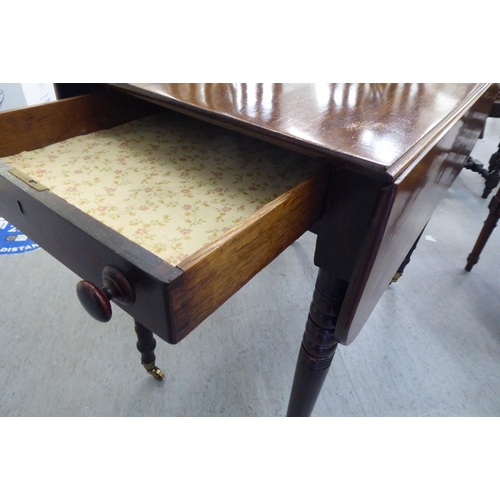 245 - A 19thC mahogany Pembroke table with round corners, an end drawer with facsimiles on the reverse, ra... 